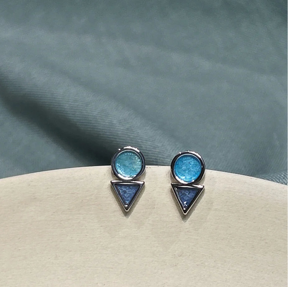 Circle and triangle enamel stud earrings handmade Dundee silver jewellery