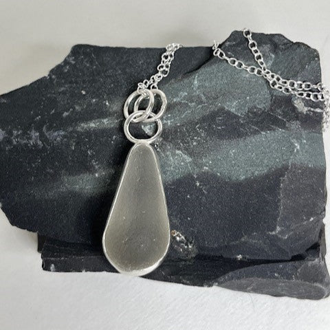Cloudy white seaglass and sterling silver pendant necklace