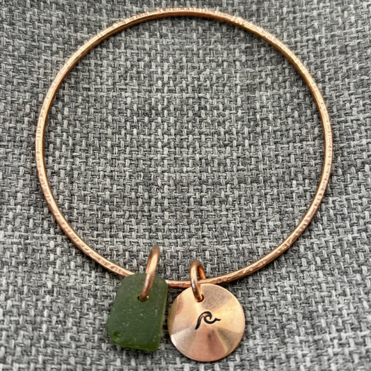 Handmade copper bangle by Rowan Berry Jewellery with genuine sea glass collected from beaches around Carnoustie
