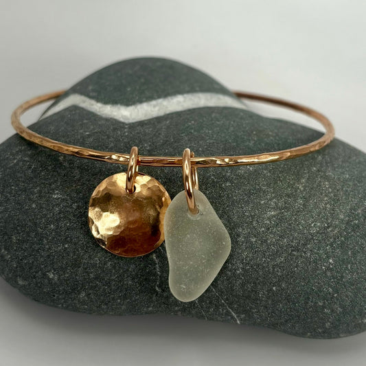 Handmade copper bangle by Rowan Berry Jewellery with genuine sea glass collected from beaches around Carnoustie