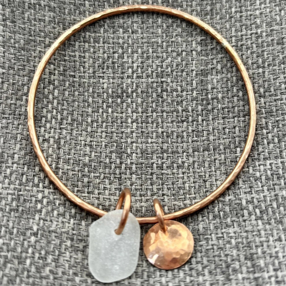 Handmade copper bangle by Rowan Berry Jewellery with genuine sea glass collected from beaches around Carnoustie