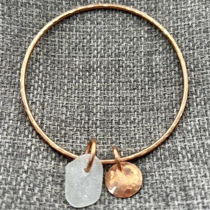 Handmade copper bangle by Rowan Berry Jewellery with genuine sea glass collected from beaches around Carnoustie