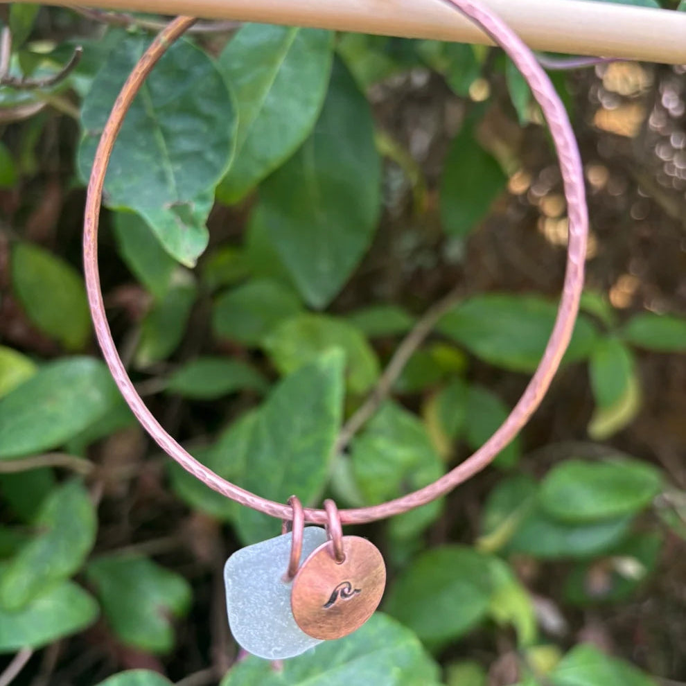Handmade copper bangle by Rowan Berry Jewellery with genuine sea glass collected from beaches around Carnoustie