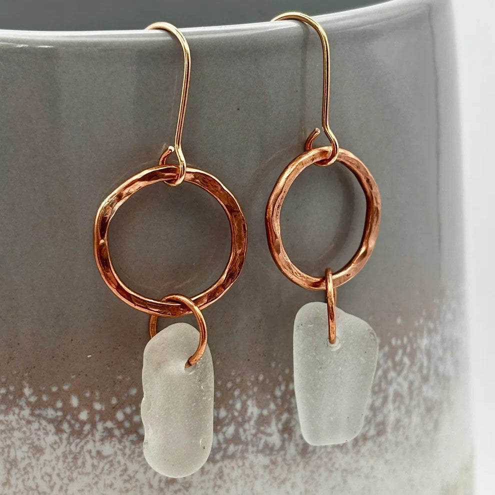 Rowan Berry Jewellery hammered copper hoop drop earrings with genuine sea glass collected from Carnoustie beaches