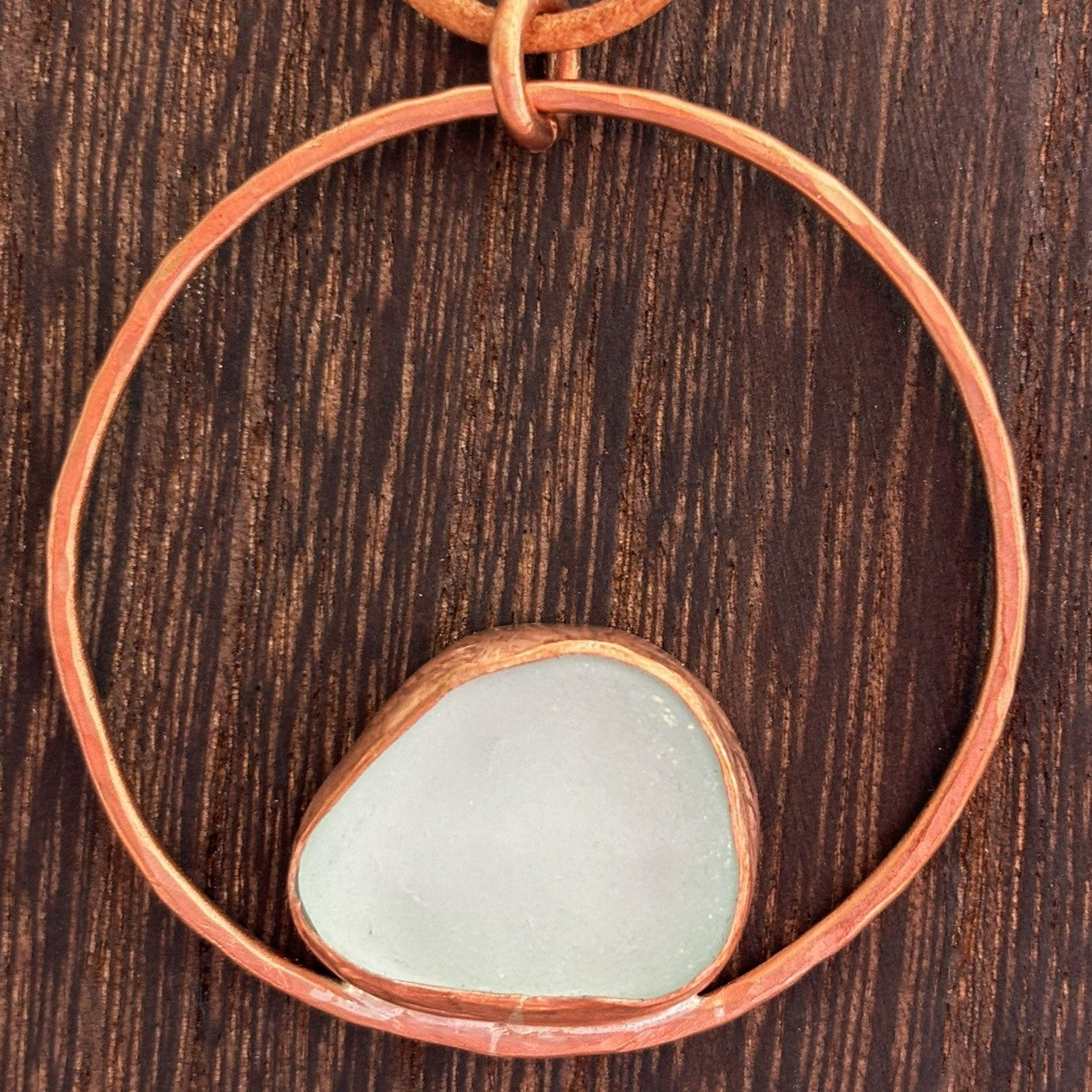 Rowan Berry Jewellery copper or brass hoop necklace with bezel set Carnoustie sea glass on an adjustable leather cord