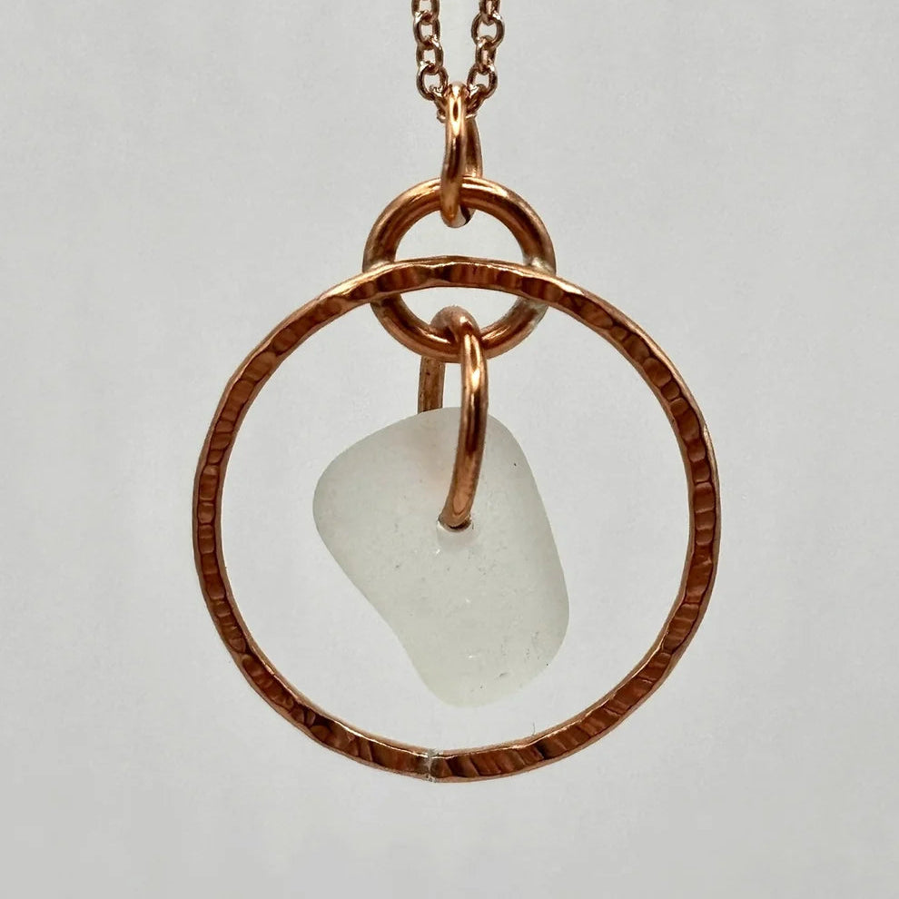 Rowan Berry Jewellery hammered metal hoop necklace with genuine white sea glass collected from Carnoustie beaches