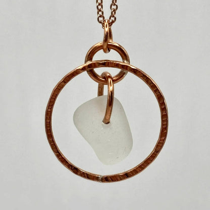 Rowan Berry Jewellery hammered metal hoop necklace with genuine white sea glass collected from Carnoustie beaches