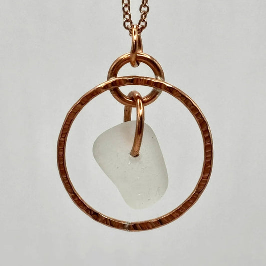 Rowan Berry Jewellery hammered metal hoop necklace with genuine white sea glass collected from Carnoustie beaches
