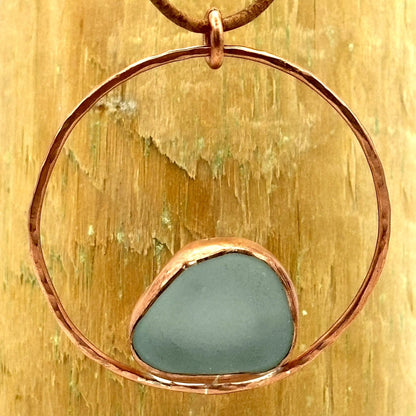 Rowan Berry Jewellery copper or brass hoop necklace with bezel set Carnoustie sea glass on an adjustable leather cord