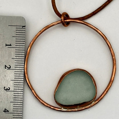Rowan Berry Jewellery copper or brass hoop necklace with bezel set Carnoustie sea glass on an adjustable leather cord