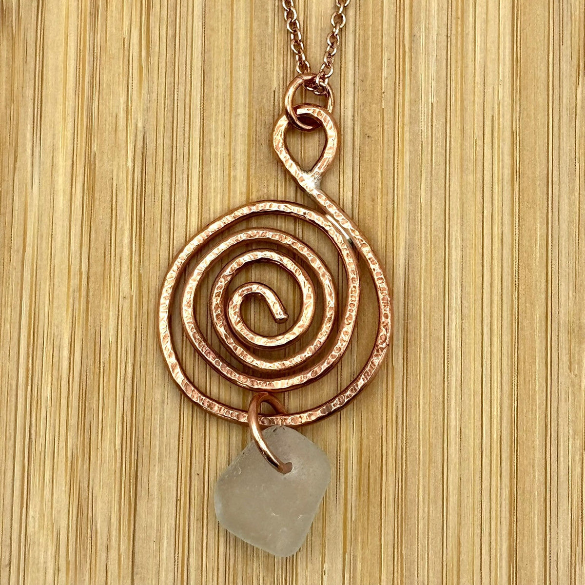 Rowan Berry Jewellery copper or brass whirlpool necklace with genuine sea glass hand-picked from beaches around Carnoustie