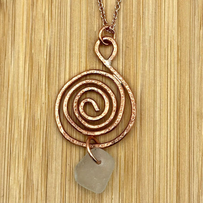 Rowan Berry Jewellery copper or brass whirlpool necklace with genuine sea glass hand-picked from beaches around Carnoustie