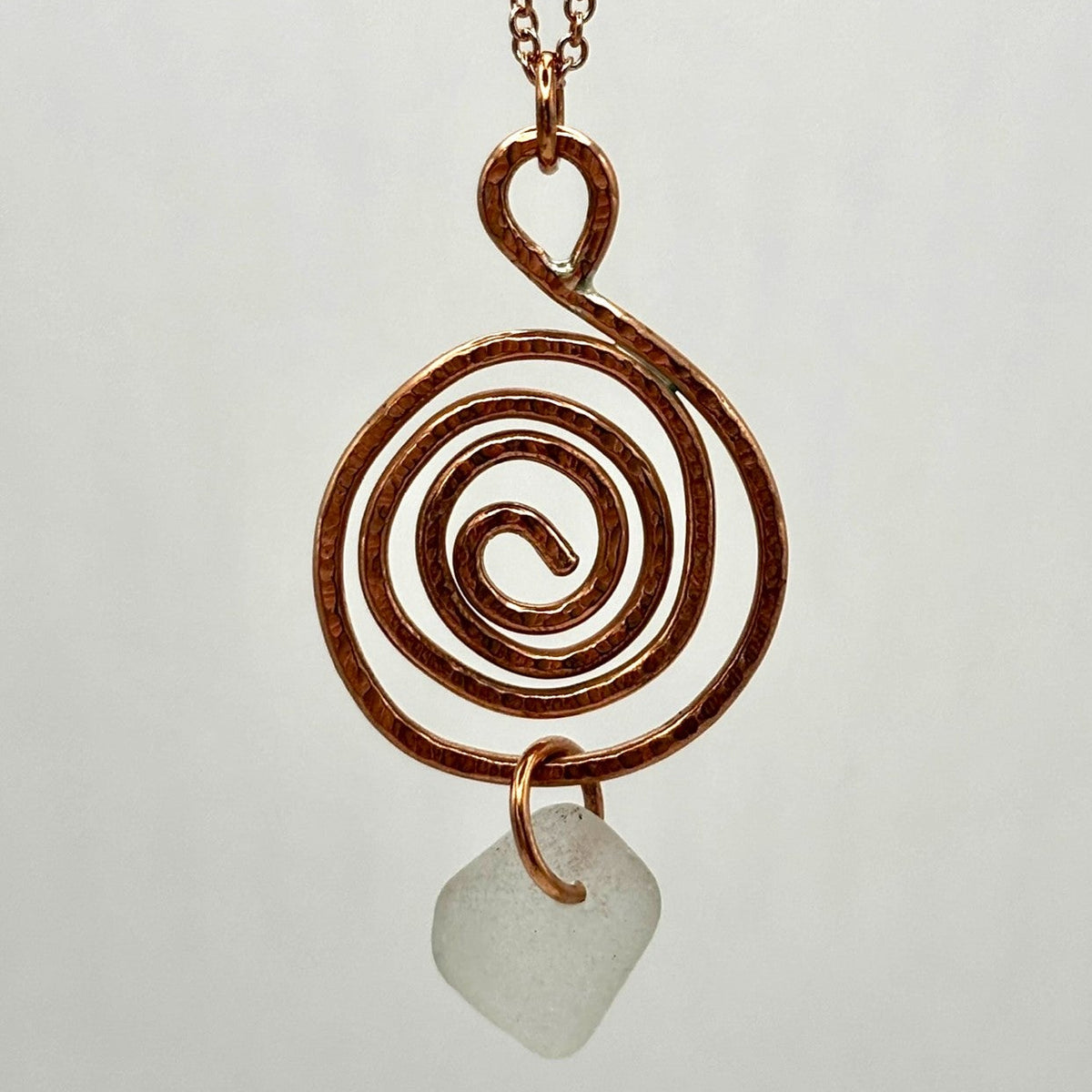 Rowan Berry Jewellery copper or brass whirlpool necklace with genuine sea glass hand-picked from beaches around Carnoustie