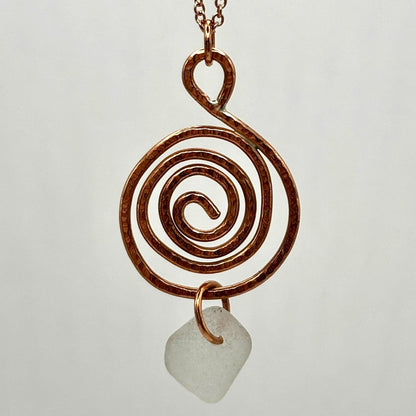 Rowan Berry Jewellery copper or brass whirlpool necklace with genuine sea glass hand-picked from beaches around Carnoustie