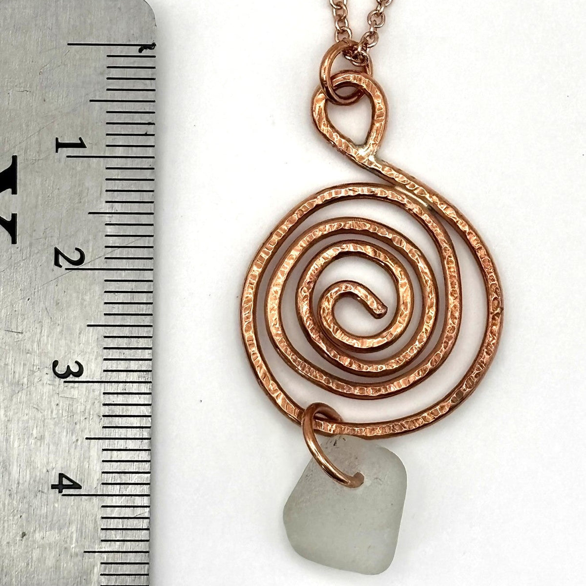 Rowan Berry Jewellery copper or brass whirlpool necklace with genuine sea glass hand-picked from beaches around Carnoustie