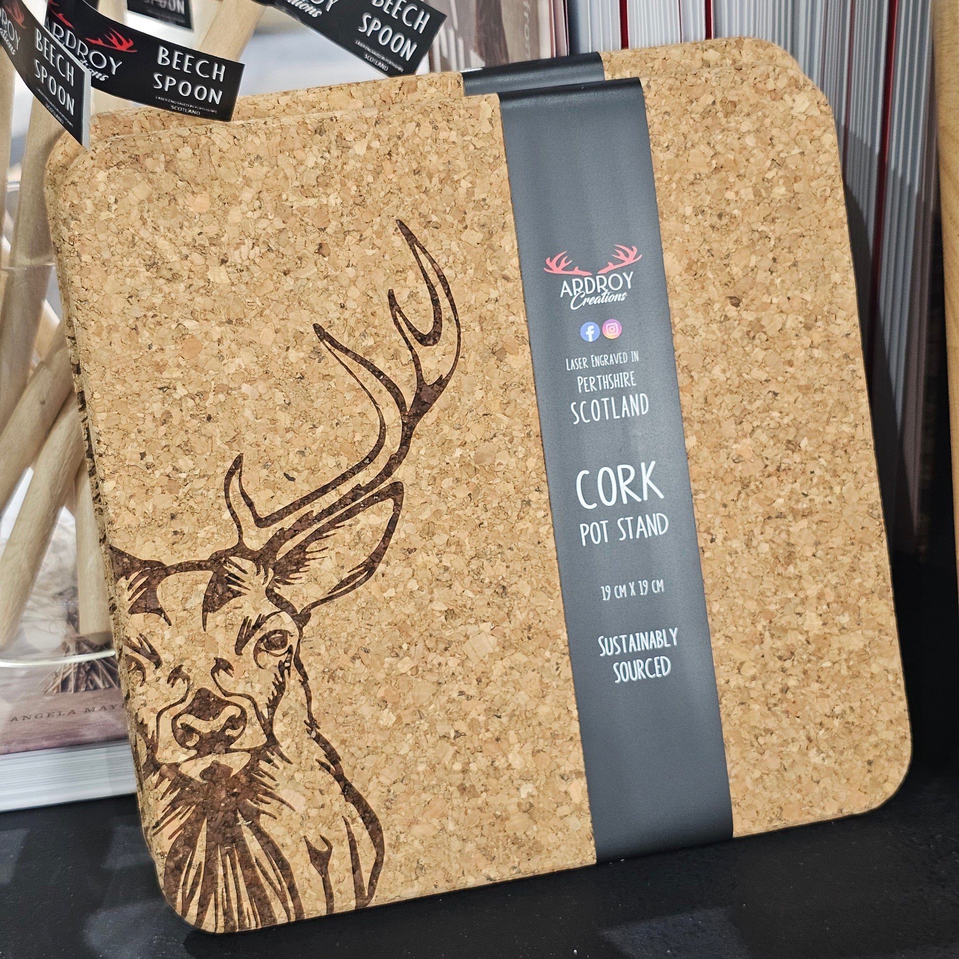 Square Scottish cork pot stand by Ardroy Creations, handcrafted in Perthshire and measuring 19.5cm