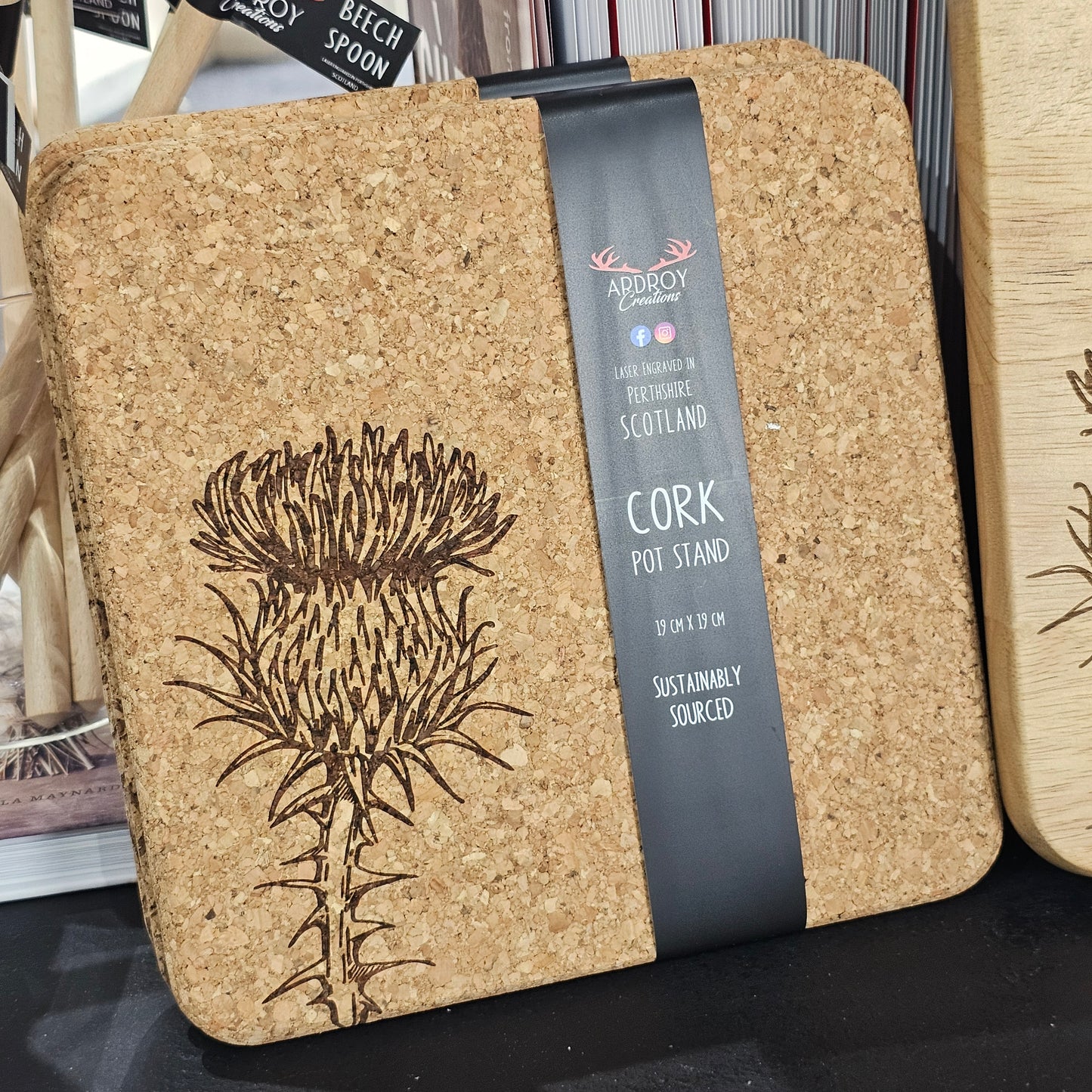 Square Scottish cork pot stand by Ardroy Creations, handcrafted in Perthshire and measuring 19.5cm