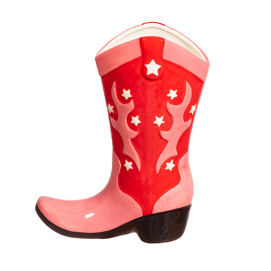A vibrant red and pink Cowboy Boot Vase with white stars and patterns, designed to resemble a western-style boot.