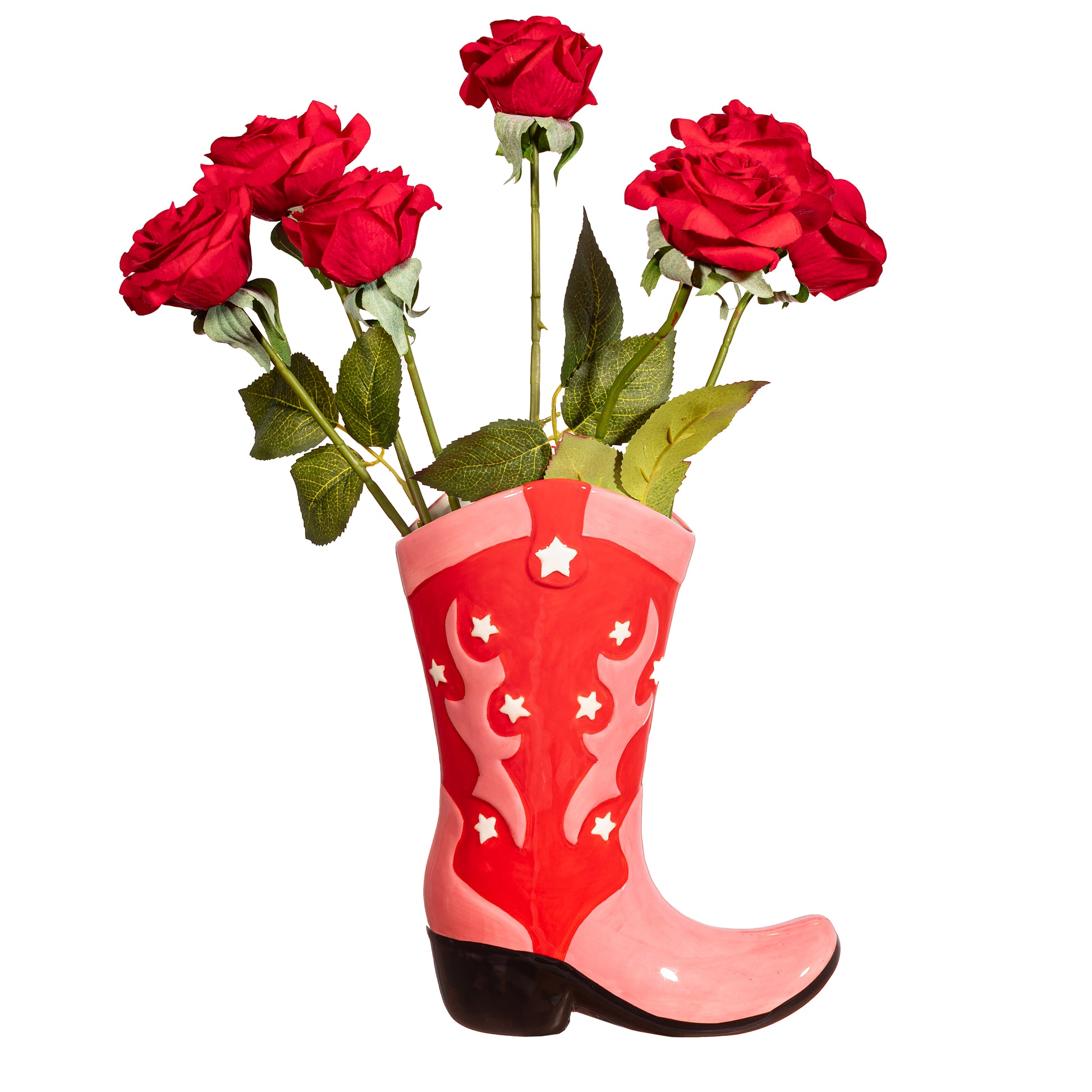 A vibrant red and pink Cowboy Boot Vase with white stars and patterns, designed to resemble a western-style boot.