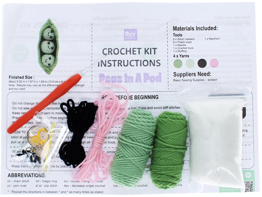 Crochet Peas in a Pod keyring craft kit with materials to make a kawaii trio of peas handmade accessory