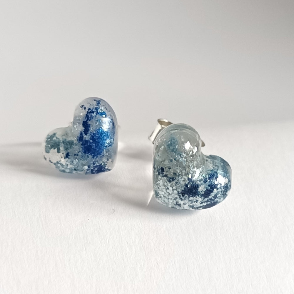 BLUE SPECKLE PUFF HEART STUDS