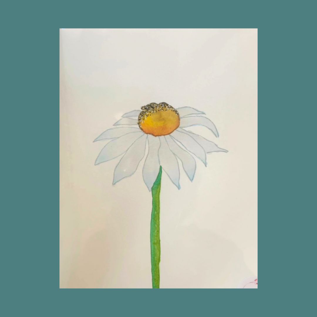 Hand-painted watercolor greeting card depicting a white flower with a yellow center