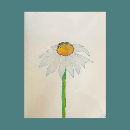 Hand-painted watercolor greeting card depicting a white flower with a yellow center