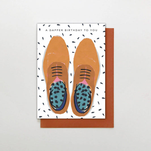 A Dapper Birthday To You card featuring an illustration of men's brogue shoes