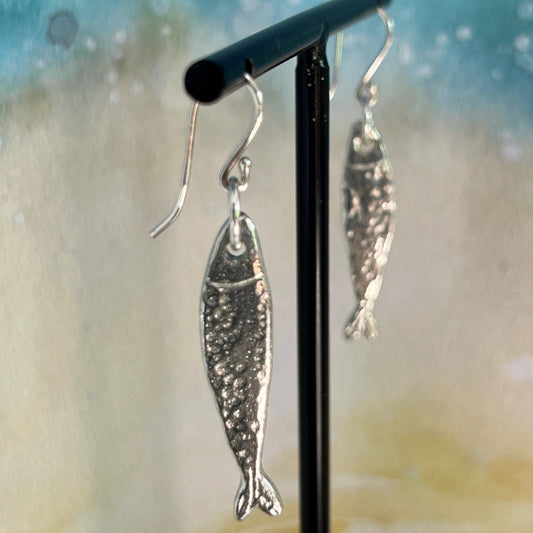Handmade Scottish Silver Darlings pewter fish dangle earrings inspired by historic herring and coastal heritage