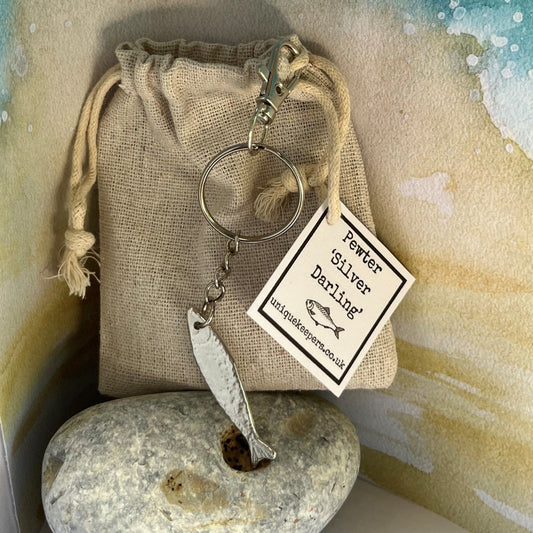 Handmade Scottish Silver Darlings pewter fish keychain inspired by historic herring and coastal heritage