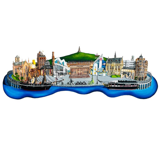 Signed A3 giclée print titled Discovering Dundee featuring iconic buildings and landmarks around Dundee by local artist Nicola Kleppang.