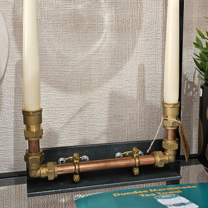 Double candle holder steel copper brass with two candles