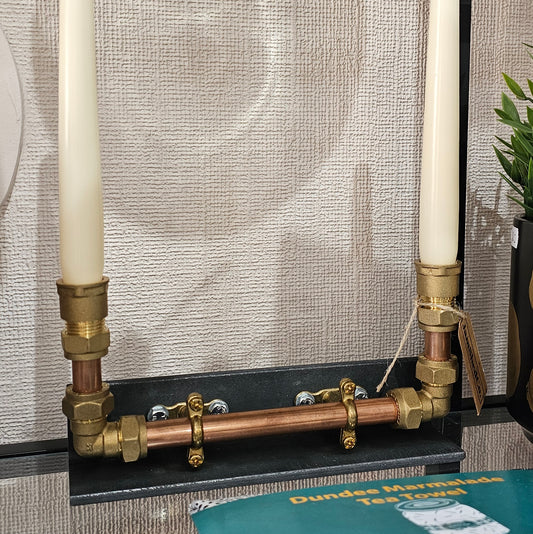 Double candle holder steel copper brass with two candles