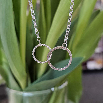Sterling silver double circle necklace by Diana King handmade in Perthshire