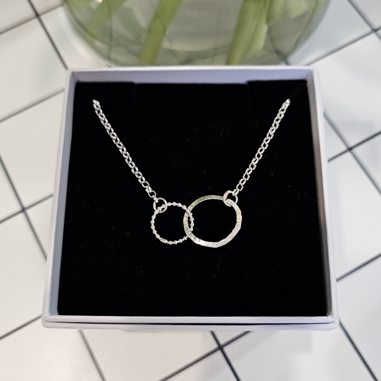 Sterling silver double circle necklace by Diana King handmade in Perthshire