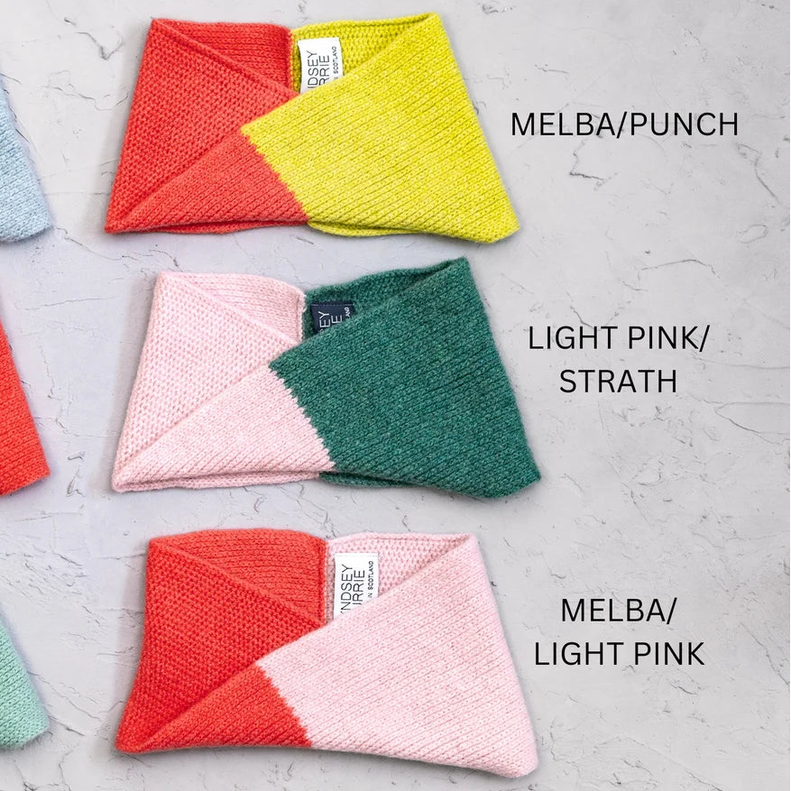 Double colour handmade Scottish lambswool headbands by Lyndsey Currie that can also be worn as a neck warmer