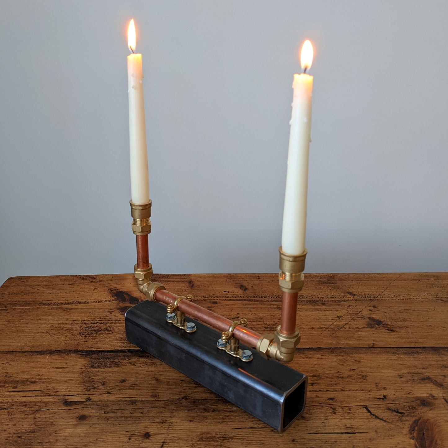 Double candle holder steel copper brass SHS base with two candles