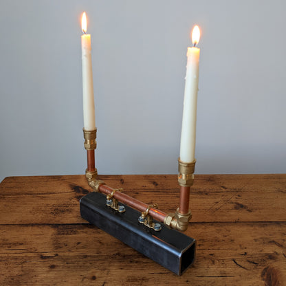 Double candle holder steel copper brass SHS base with two candles