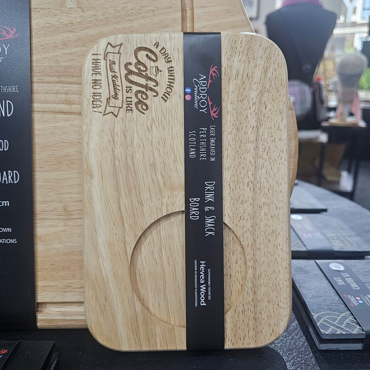Ardroy Creations wooden drink and snack boards made from natural Hevea wood, measuring 23 x 15cm, with laser-engraved Santa, Coffee and Tea designs.