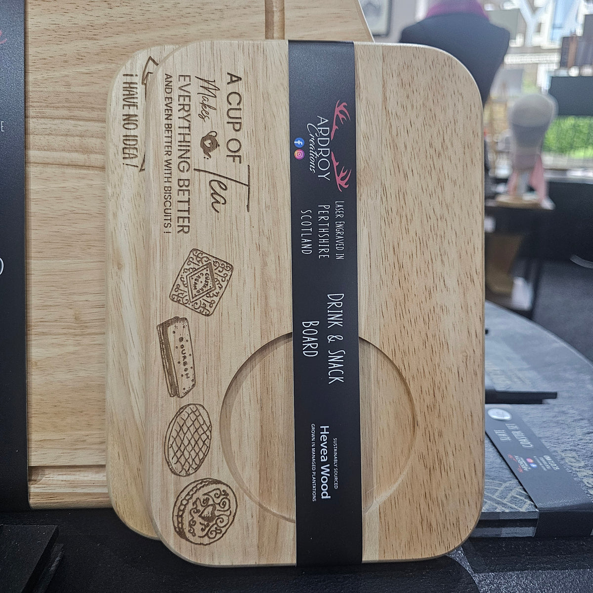 Ardroy Creations wooden drink and snack boards made from natural Hevea wood, measuring 23 x 15cm, with laser-engraved Santa, Coffee and Tea designs.
