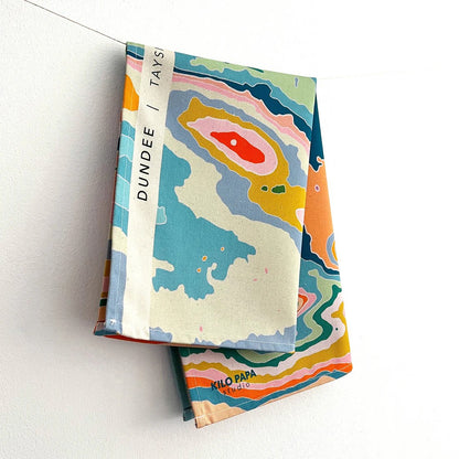 Colourful Dundee topographical tea towel by Kilo Papa Studio, digitally printed on organic cotton with contour map design.