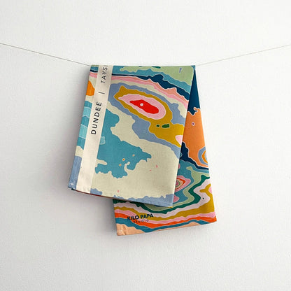 Colourful Dundee topographical tea towel by Kilo Papa Studio, digitally printed on organic cotton with contour map design.
