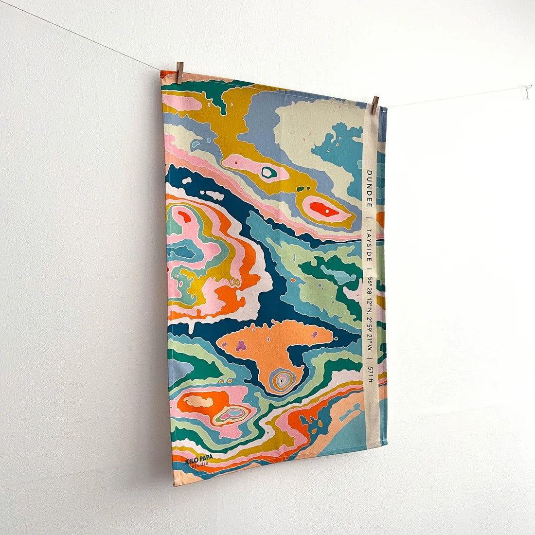 Colourful Dundee topographical tea towel by Kilo Papa Studio, digitally printed on organic cotton with contour map design.