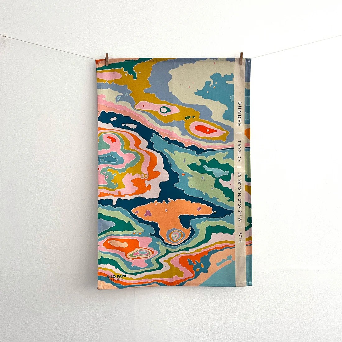 Colourful Dundee topographical tea towel by Kilo Papa Studio, digitally printed on organic cotton with contour map design.