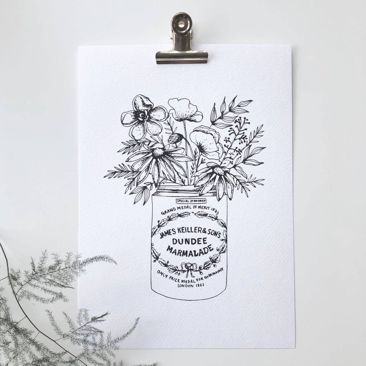 Juniper Press black and white illustration print of a Dundee Marmalade pot with floral arrangement