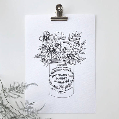 Juniper Press black and white illustration print of a Dundee Marmalade pot with floral arrangement