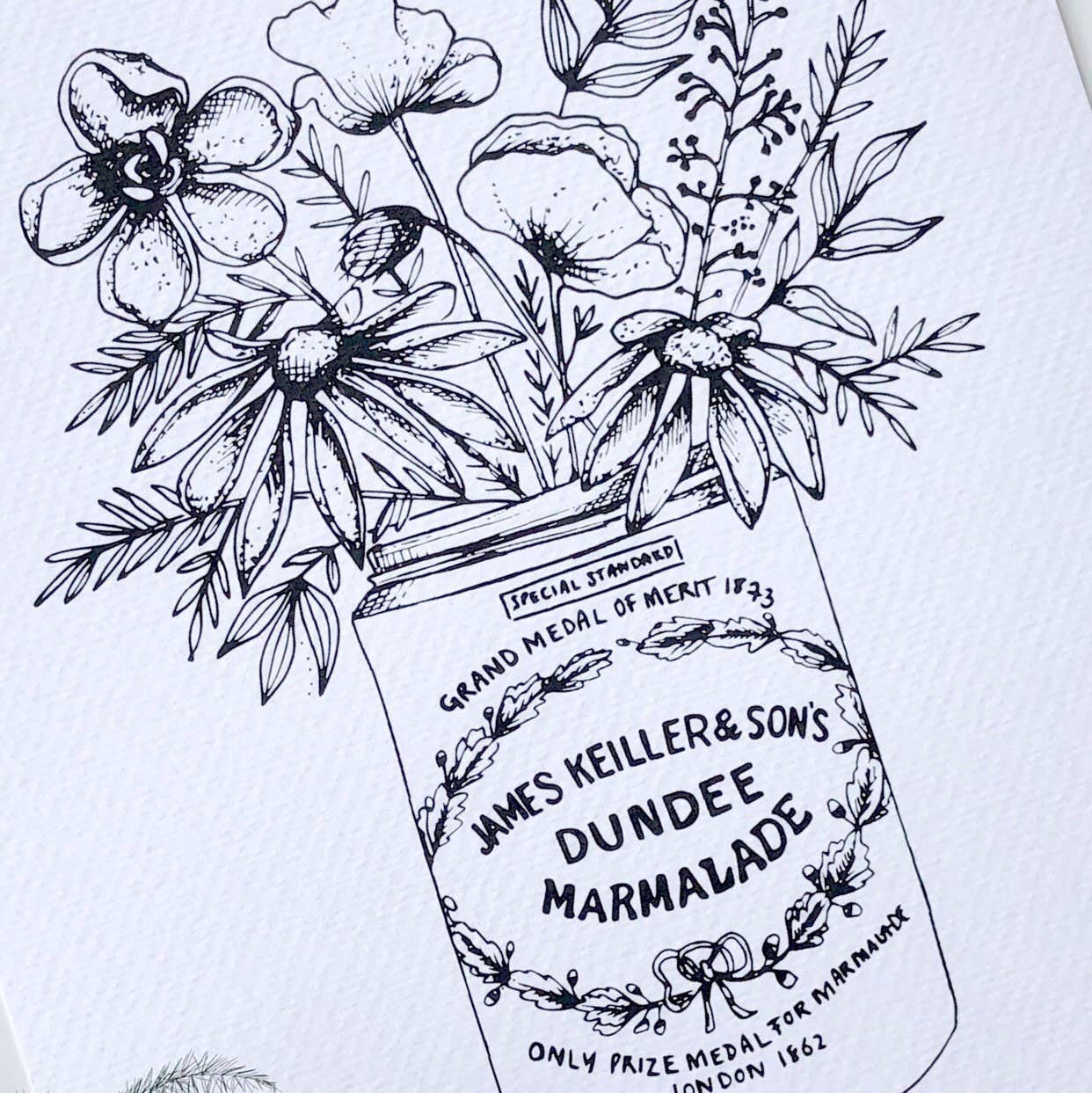 Juniper Press black and white illustration print of a Dundee Marmalade pot with floral arrangement