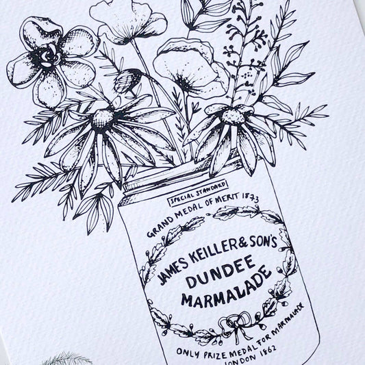 Juniper Press black and white illustration print of a Dundee Marmalade pot with floral arrangement