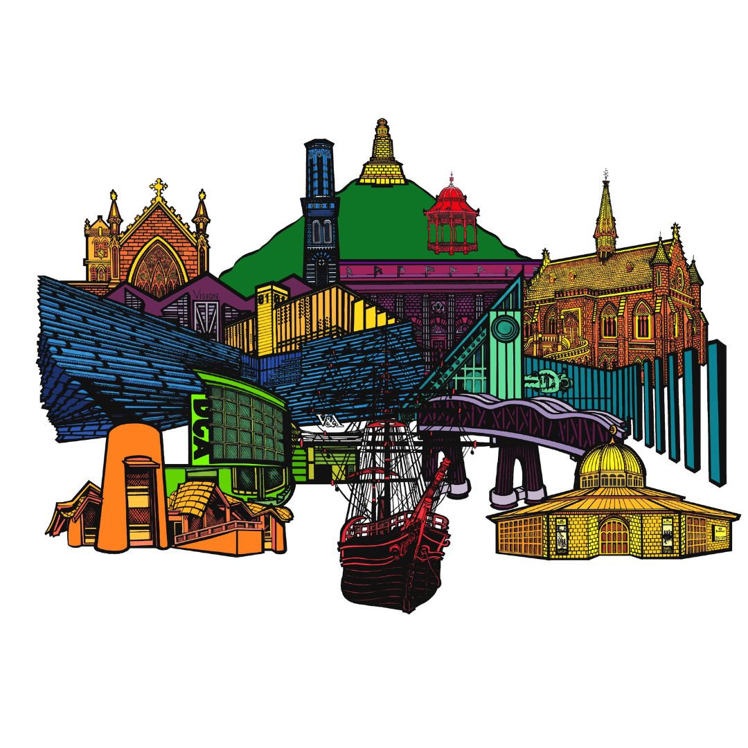Colourful A3 signed giclee print featuring various Dundee locations by local artist Nicola Kleppang.