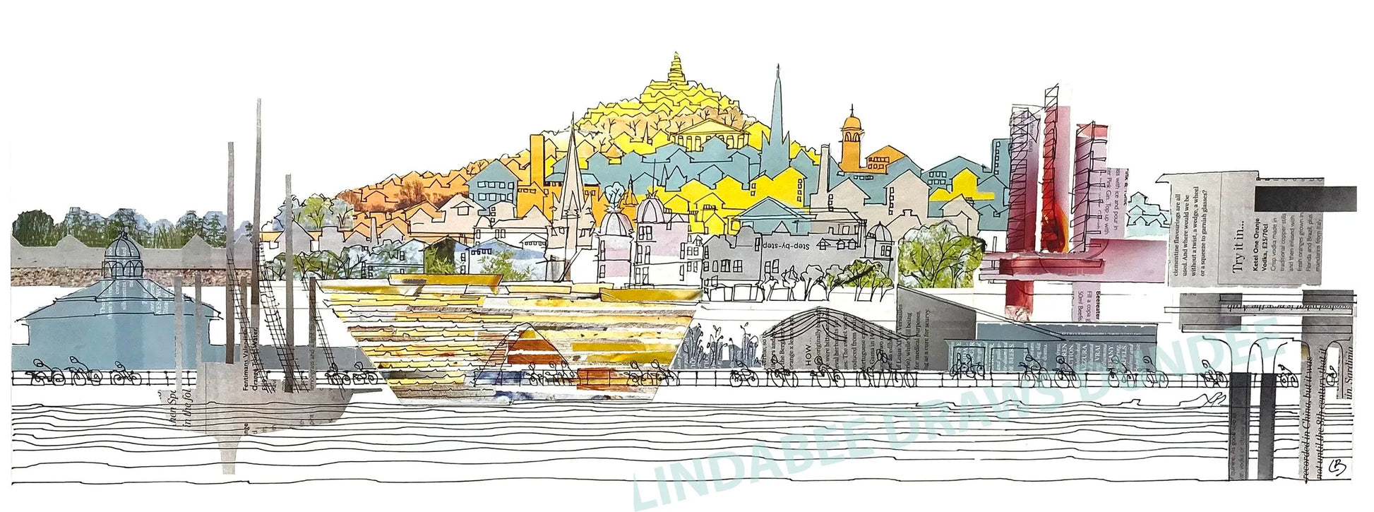 Dundee Waterfront panoramic print by Lindabee Draws Dundee featuring the V&amp;A, RRS Discovery and waterfront promenade